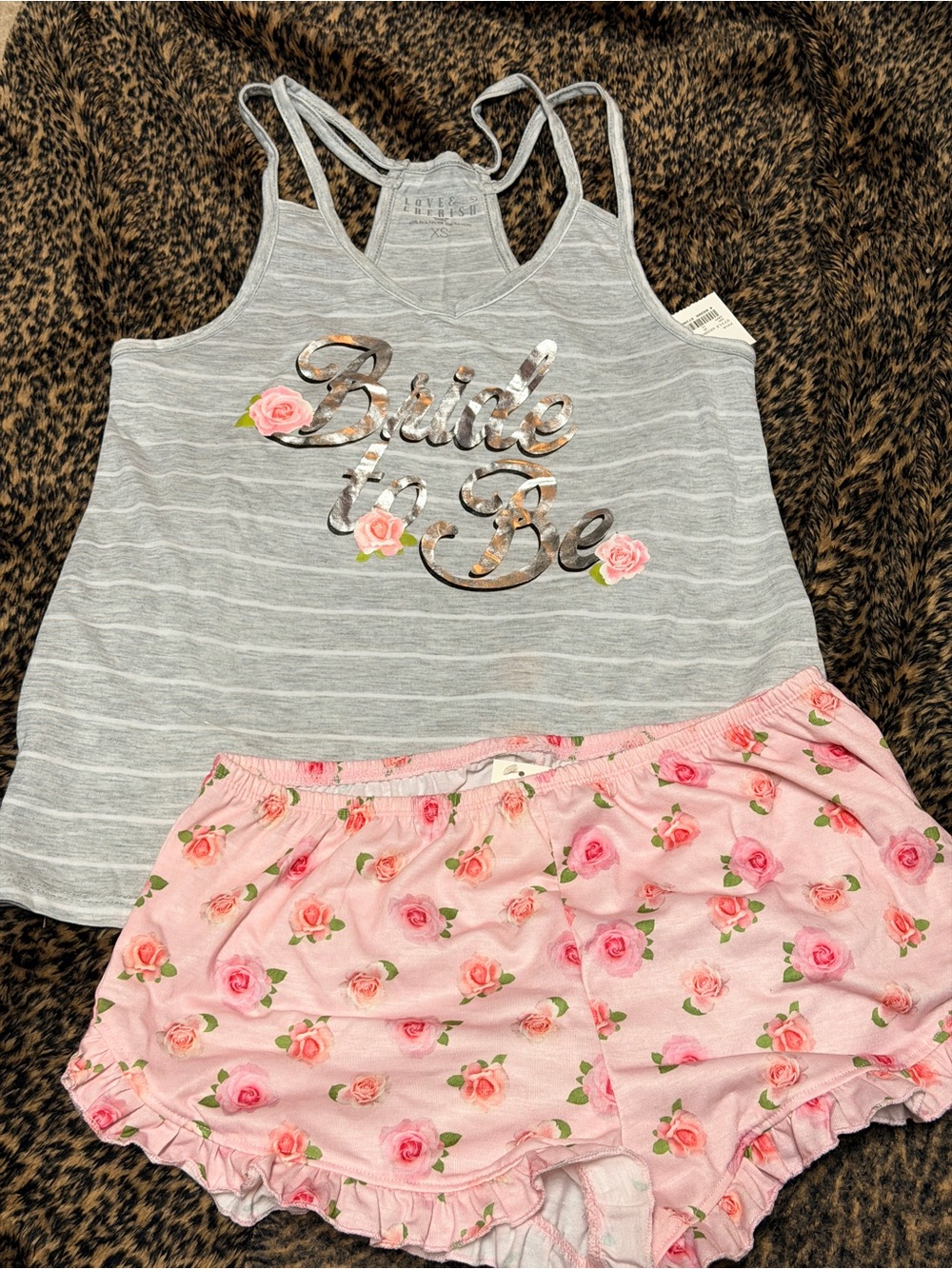 NWT Love & Cherish Bride To Be Gray Striped Tank & Pink Rose-Print Pajama Set